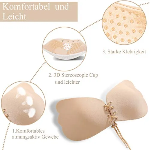 2pcs Soutiens-Gorge Adhesif Push Up Invisible Soutien Gorge Dos Nu Bra sans Bretelles pour Femme (Nude, Noir)