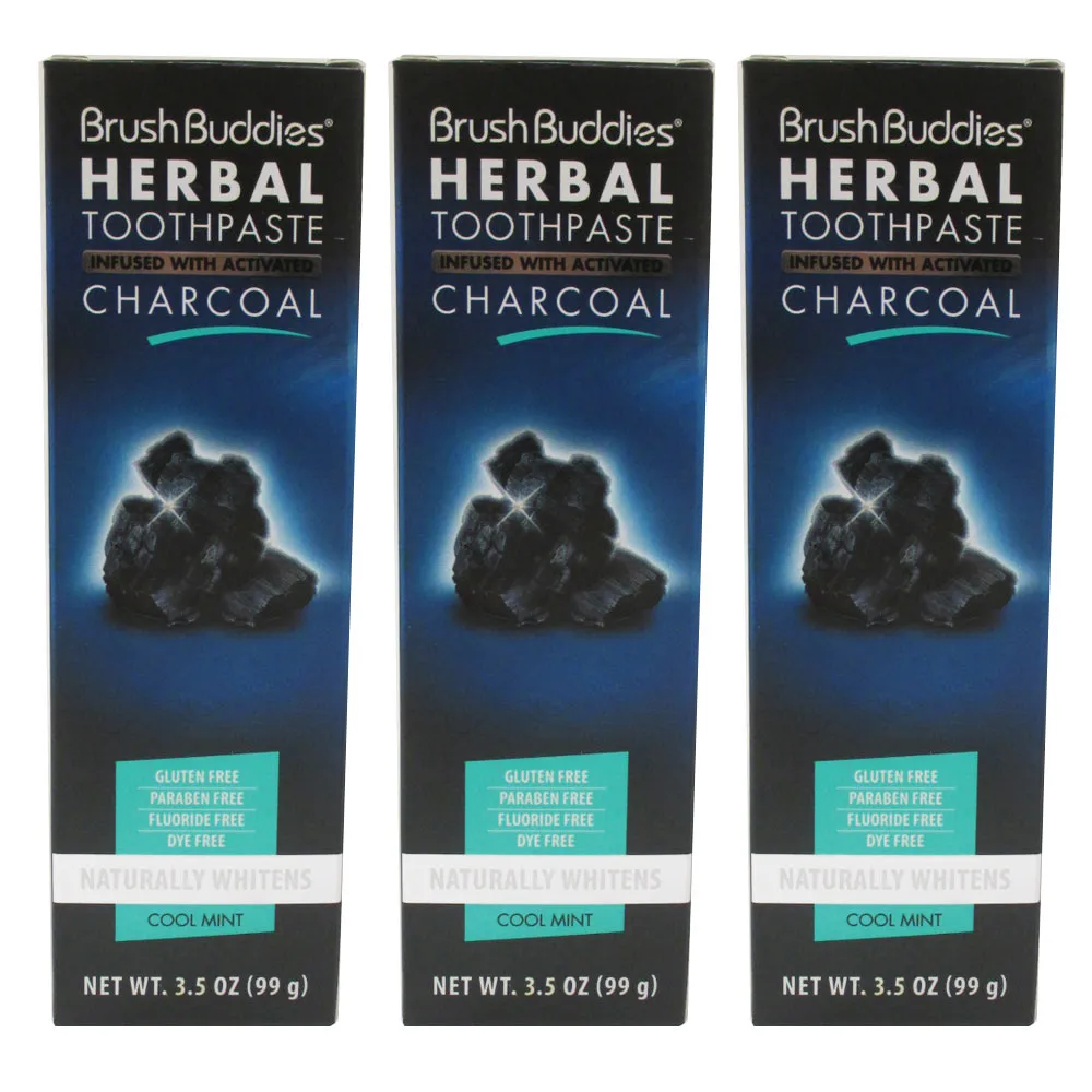 3Pack Brush Buddies Herbal Toothpaste Activated Charcoal Cool Mint Fluoride Free