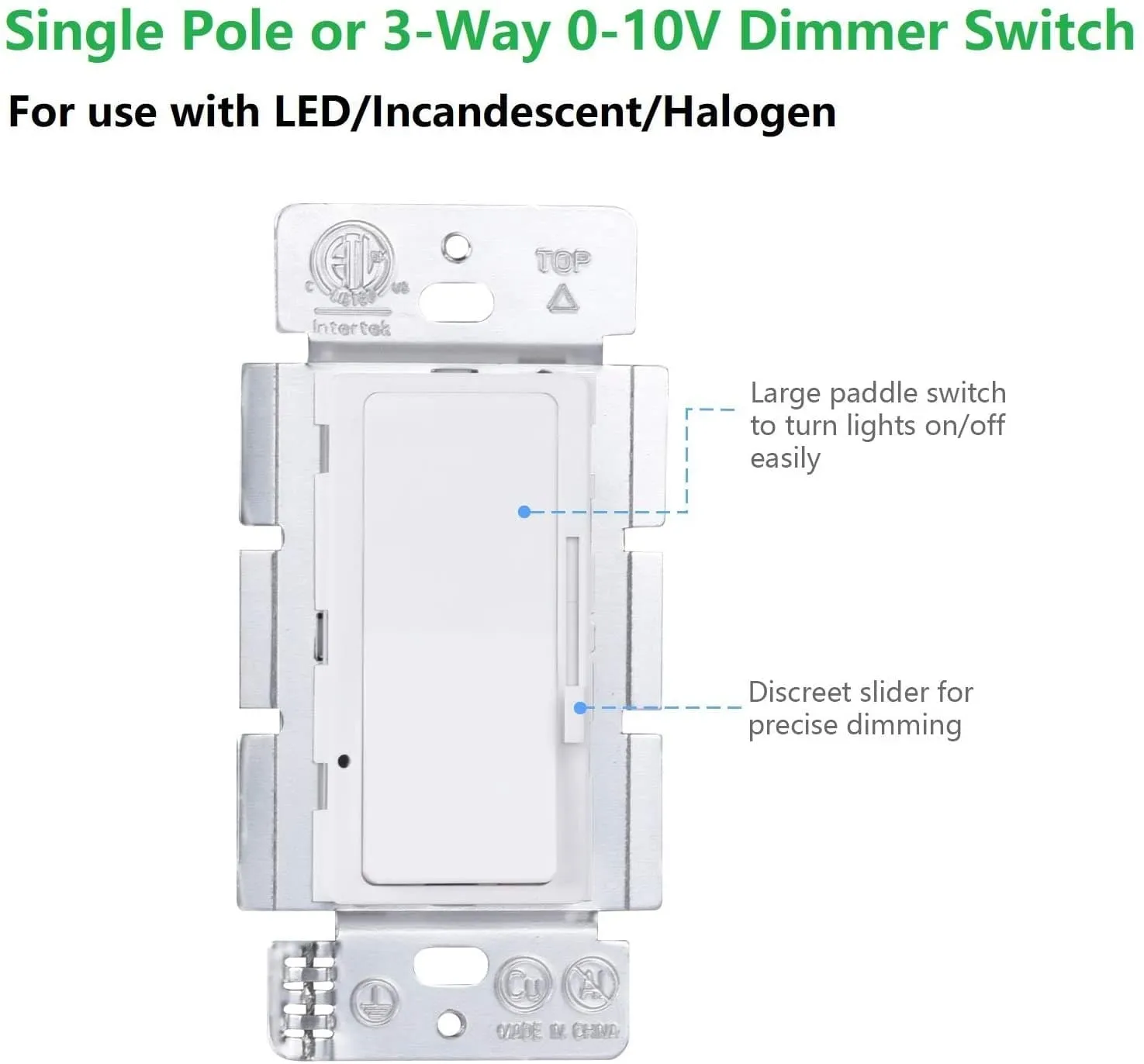 Dimmer Switch,  0-10V DC Low Voltage Single-Pole or 3-Way Dimmable LED/CFL/Incandescent/Halogen, Wall Plate