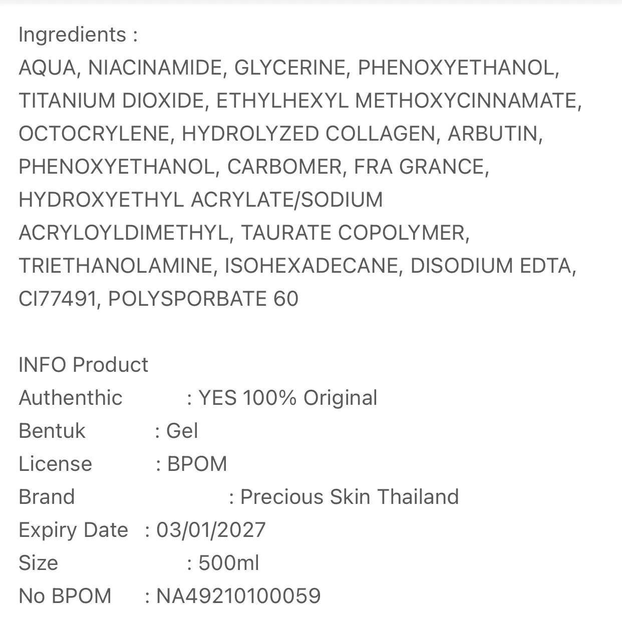 Precious Skin Thailand Alpha Arbutin 3Plus 10x Whitening Booster Collagen Body Serum 500ml