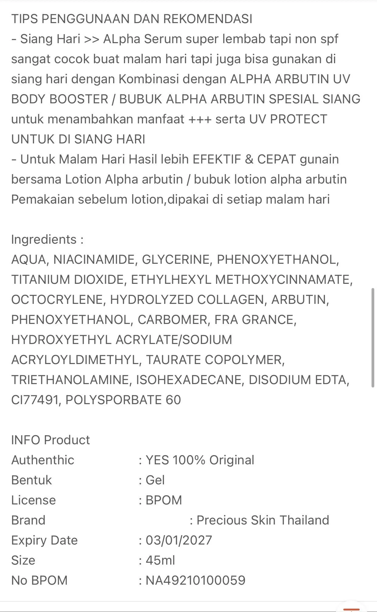 Precious Skin Thailand Alpha Arbutin 3Plus 10x Whitening Booster Collagen Body Serum/Serum 45ml